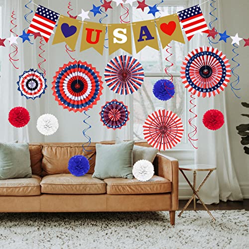 OEAGO 4th of July Decorations Decor Patriotic Memorial Day Decorations Red White Blue Paper Fans Love USA Banner Flower Balls Pom Poms Hanging Swirls Star Streamer Independence Flag Day Party for home