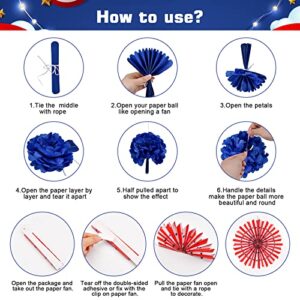 OEAGO 4th of July Decorations Decor Patriotic Memorial Day Decorations Red White Blue Paper Fans Love USA Banner Flower Balls Pom Poms Hanging Swirls Star Streamer Independence Flag Day Party for home