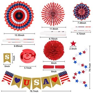 OEAGO 4th of July Decorations Decor Patriotic Memorial Day Decorations Red White Blue Paper Fans Love USA Banner Flower Balls Pom Poms Hanging Swirls Star Streamer Independence Flag Day Party for home