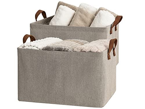 StorageWorks Storage Baskets for Shelves with Metal Frame, Canvas Storage Bins, Baby Gift Basket, Brown and Beige, 2-Pack