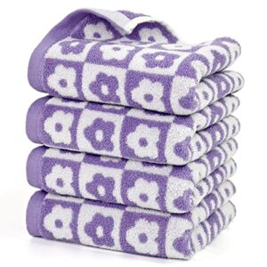 cotton face towels set of 4 - checkered floral bathroom hand towels for everyday use, 29” x 13” lilac