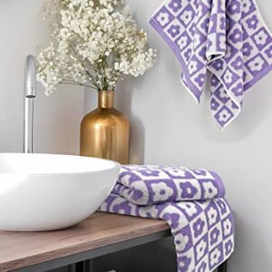 Cotton Face Towels Set of 4 - Checkered Floral Bathroom Hand Towels for Everyday Use, 29” x 13” Lilac