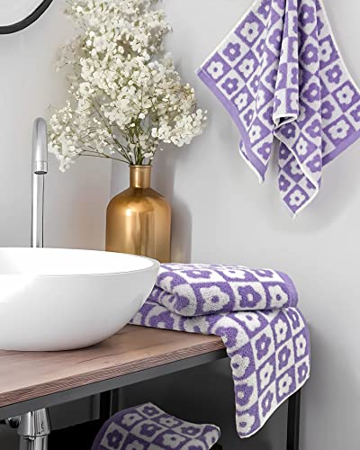 Cotton Face Towels Set of 4 - Checkered Floral Bathroom Hand Towels for Everyday Use, 29” x 13” Lilac