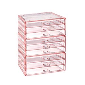 ikee design acrylic jewelry makeup storage drawer organizer, 3 pieces storage set for home storage and office stationary drawers, pink color, 9.38" w x 5.38" d x 12.75" h