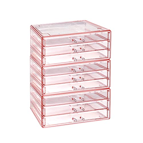 Ikee Design Acrylic Jewelry Makeup Storage Drawer Organizer, 3 Pieces Storage Set for Home Storage and Office Stationary Drawers, Pink Color, 9.38" W x 5.38" D x 12.75" H