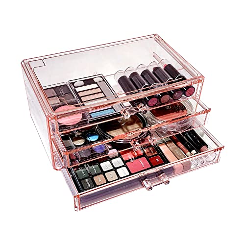 Ikee Design Acrylic Jewelry Makeup Storage Drawer Organizer, 3 Pieces Storage Set for Home Storage and Office Stationary Drawers, Pink Color, 9.38" W x 5.38" D x 12.75" H