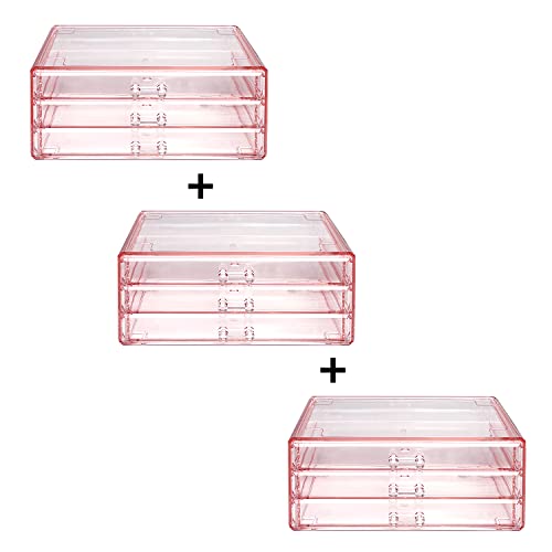 Ikee Design Acrylic Jewelry Makeup Storage Drawer Organizer, 3 Pieces Storage Set for Home Storage and Office Stationary Drawers, Pink Color, 9.38" W x 5.38" D x 12.75" H