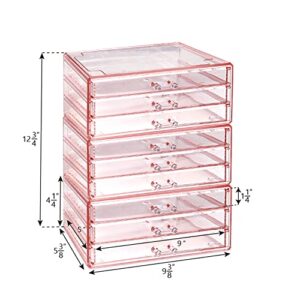 Ikee Design Acrylic Jewelry Makeup Storage Drawer Organizer, 3 Pieces Storage Set for Home Storage and Office Stationary Drawers, Pink Color, 9.38" W x 5.38" D x 12.75" H