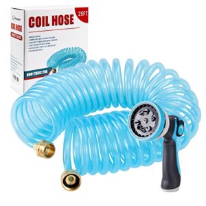 yereen coil garden hose 25ft, eva recoil garden hose, transparent self-coiling water hose with 3/4" brass connector fittings with 10 function spray nozzle, blue