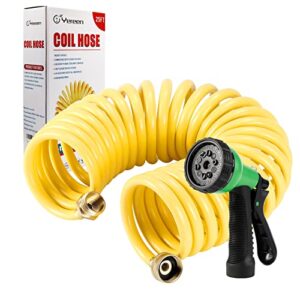 yereen coil garden hose 25ft, eva recoil garden hose, self-coiling water hose with 3/4" brass connector fittings with 8 function spray nozzle, creamy yellow
