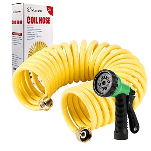 Yereen Coil Garden Hose 25FT, EVA Recoil Garden Hose, Self-coiling Water Hose with 3/4" Brass Connector Fittings with 8 Function Spray Nozzle, Creamy Yellow