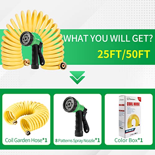 Yereen Coil Garden Hose 25FT, EVA Recoil Garden Hose, Self-coiling Water Hose with 3/4" Brass Connector Fittings with 8 Function Spray Nozzle, Creamy Yellow