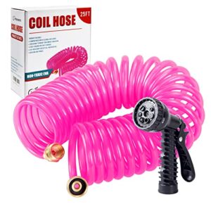 yereen coil garden hose 25ft, eva recoil garden hose, transparent self-coiling water hose with 3/4" brass connector fittings with 7 function spray nozzle, pink