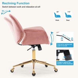 Office Chair Ergonomic Desk Chair - Velvet Vanity Fabric Home Office Chair Modern Adjustable Height Computer Chair with Pillow Swivel Executive Task Chair for Makeup and Living Room, Pink