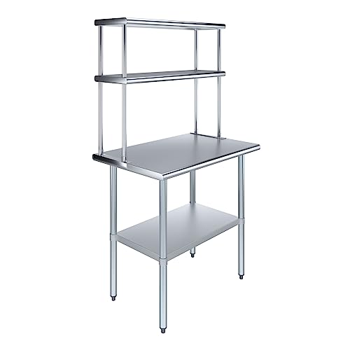 Amgood Stainless Steel Work Table Double Tier Overshelf | Metal Kitchen Prep Table & Shelving Combo | NSF (24" x 36" Work Table + 12" Overshelf)