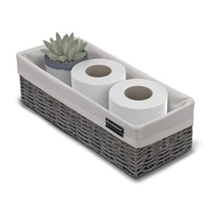 brookstone, woven storage basket, organization and storage bin, over the toilet paper reserve, suitable for any décor style, perfectly sized at 14” x 4” x 6”