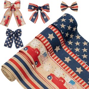 h1vojoxo 4pcs patriotic wired ribbon rolls, independence day wired edge ribbons, american flag diy craft ribbon, patriotic burlap ribbon decor, july 4th stars and stripes ribbon for gift, 20 yards