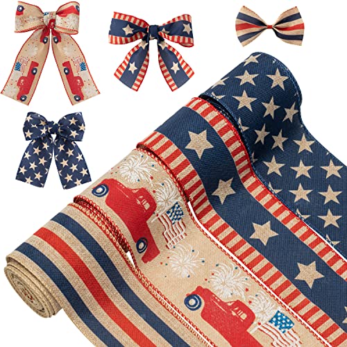 H1vojoxo 4PCS Patriotic Wired Ribbon Rolls, Independence Day Wired Edge Ribbons, American Flag DIY Craft Ribbon, Patriotic Burlap Ribbon Decor, July 4th Stars and Stripes Ribbon for Gift, 20 Yards