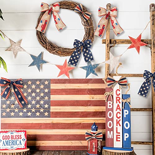 H1vojoxo 4PCS Patriotic Wired Ribbon Rolls, Independence Day Wired Edge Ribbons, American Flag DIY Craft Ribbon, Patriotic Burlap Ribbon Decor, July 4th Stars and Stripes Ribbon for Gift, 20 Yards