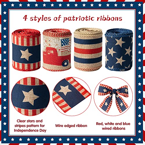 H1vojoxo 4PCS Patriotic Wired Ribbon Rolls, Independence Day Wired Edge Ribbons, American Flag DIY Craft Ribbon, Patriotic Burlap Ribbon Decor, July 4th Stars and Stripes Ribbon for Gift, 20 Yards