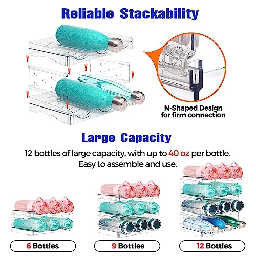 Water Bottle Organizer for Cabinet, Stackable Water Bottle Holder for Kitchen Pantry Organization and Storage, Plastic Wine Rack, Drink Organizer for Fridge, Freezer -4 Packs, Hold 12 Bottles, Clear