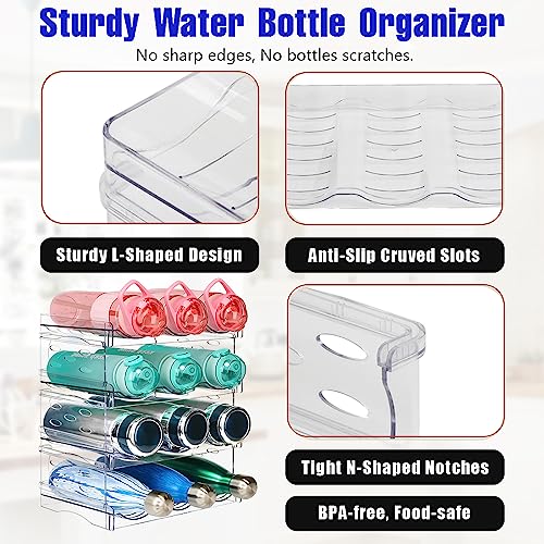 Water Bottle Organizer for Cabinet, Stackable Water Bottle Holder for Kitchen Pantry Organization and Storage, Plastic Wine Rack, Drink Organizer for Fridge, Freezer -4 Packs, Hold 12 Bottles, Clear