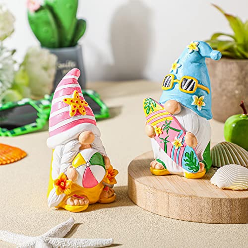 FairySandy 2 Pieces Summer Gnomes Beach Decorations Surfboard Gnome Stuff Decor Mini Gnomes Resin Figurines Set Collectible Tabletop Kitchen Decorations for Home Kitchen Farmhouse Office