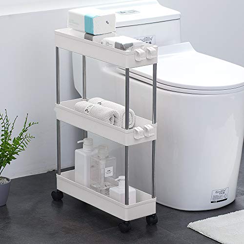 Slim Storage Cart, DILUOOU 3 Tier Rolling cart Bathroom Storage Shelving Organizer Slide Out Storage Cart for Kitchen Bathroom Laundry Narrow Place