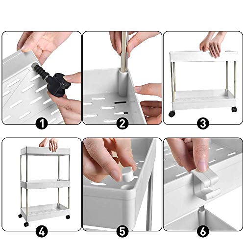 Slim Storage Cart, DILUOOU 3 Tier Rolling cart Bathroom Storage Shelving Organizer Slide Out Storage Cart for Kitchen Bathroom Laundry Narrow Place