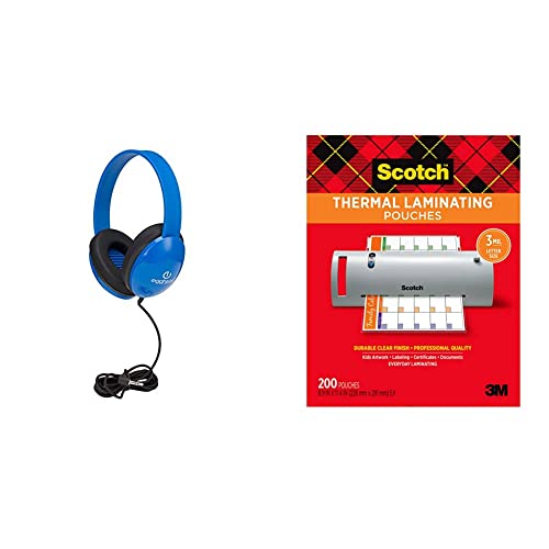 Egghead Heavy-Duty Kids' Headphones w/Tangle-Free Fabric Cord (Pack of 10) Blue & Scotch Thermal Laminating Pouches, 200-Pack, 8.9 x 11.4 Inches, Letter Size Sheets, Clear, 3-Mil (TP3854-200)