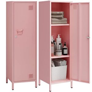 miocasa metal locker storage cabinets with doors and shelves lockable 3 tier file cabinet organizer coat lockers for kids, living room, office, gym (pink)