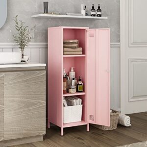 MIOCASA Metal Locker Storage Cabinets with Doors and Shelves Lockable 3 Tier File Cabinet Organizer Coat Lockers for Kids, Living Room, Office, Gym (Pink)