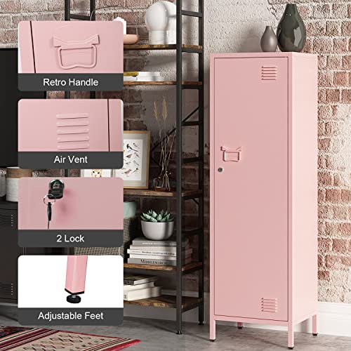 MIOCASA Metal Locker Storage Cabinets with Doors and Shelves Lockable 3 Tier File Cabinet Organizer Coat Lockers for Kids, Living Room, Office, Gym (Pink)