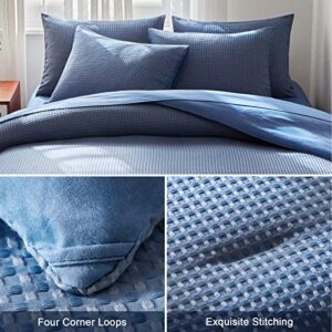 WARMDERN Blue Comforter Set Queen Size Waffle Weave Lightweight Bedding Comforter Sets Soft Microfiber Down Alternative Comforter 7 Pieces Bed in A Bag All Season(Blue, Queen)