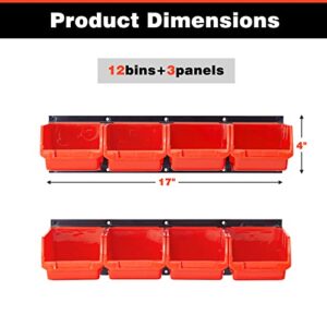 Ultrwall 12 PCS Bins & 3 Rails, Plastic Hanging Storage Organizer Bins, Wall mounted Garage Tool Storage Systerm, 12x bins(6.3inch X 3.2inch X 4inch), 3 x rails (17inch)