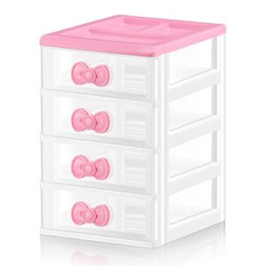 lovely pink receiving storage cabinets kawaii makeup organizer with 4 layers cute storage cabinet box with bow handle plastic desktop storage box for home bedroom bathroom women girl gifts, clear