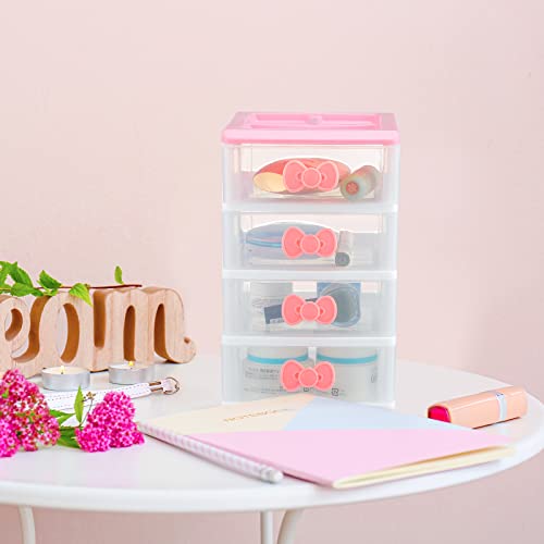 Lovely Pink Receiving Storage Cabinets Kawaii Makeup Organizer with 4 Layers Cute Storage Cabinet Box with Bow Handle Plastic Desktop Storage Box for Home Bedroom Bathroom Women Girl Gifts, Clear