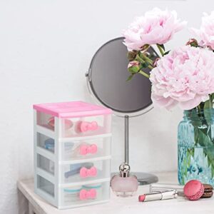 Lovely Pink Receiving Storage Cabinets Kawaii Makeup Organizer with 4 Layers Cute Storage Cabinet Box with Bow Handle Plastic Desktop Storage Box for Home Bedroom Bathroom Women Girl Gifts, Clear