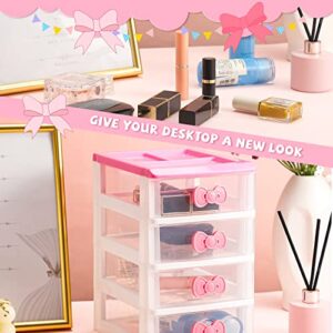 Lovely Pink Receiving Storage Cabinets Kawaii Makeup Organizer with 4 Layers Cute Storage Cabinet Box with Bow Handle Plastic Desktop Storage Box for Home Bedroom Bathroom Women Girl Gifts, Clear