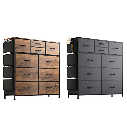 Lulive 10 Drawer Dresser, Chest of Drawers for Bedroom with Side Pockets and Hooks, Fabric Storage Dresser, Sturdy Steel Frame, Wood Top, Organizer Unit for Nursery, Hallway, Closet