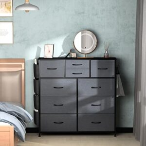 Lulive 10 Drawer Dresser, Chest of Drawers for Bedroom with Side Pockets and Hooks, Fabric Storage Dresser, Sturdy Steel Frame, Wood Top, Organizer Unit for Nursery, Hallway, Closet