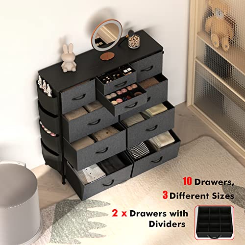 Lulive 10 Drawer Dresser, Chest of Drawers for Bedroom with Side Pockets and Hooks, Fabric Storage Dresser, Sturdy Steel Frame, Wood Top, Organizer Unit for Nursery, Hallway, Closet