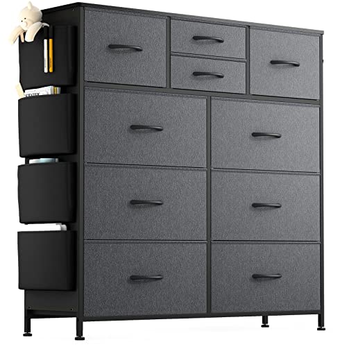 Lulive 10 Drawer Dresser, Chest of Drawers for Bedroom with Side Pockets and Hooks, Fabric Storage Dresser, Sturdy Steel Frame, Wood Top, Organizer Unit for Nursery, Hallway, Closet