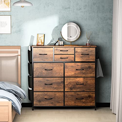 Lulive 10 Drawer Dresser, Chest of Drawers for Bedroom with Side Pockets and Hooks, Fabric Storage Dresser, Sturdy Steel Frame, Wood Top, Organizer Unit for Nursery, Hallway, Closet