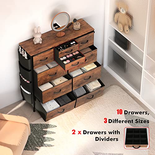 Lulive 10 Drawer Dresser, Chest of Drawers for Bedroom with Side Pockets and Hooks, Fabric Storage Dresser, Sturdy Steel Frame, Wood Top, Organizer Unit for Nursery, Hallway, Closet