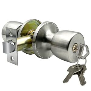 jo.ko door knob with lock and keyed, satin nickel round ball lock interior/exterior door knob for bedroom or bathroom (stainless)