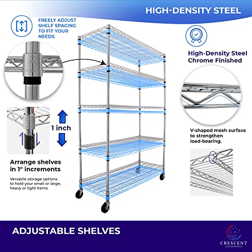 Crescent 4000 LBS 36L 18W 76H Chrome, 5 Tier Racks for Storage, Heavy Duty Wire Shelving Rack with 4" Casters