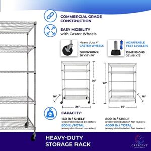 Crescent 4000 LBS 36L 18W 76H Chrome, 5 Tier Racks for Storage, Heavy Duty Wire Shelving Rack with 4" Casters