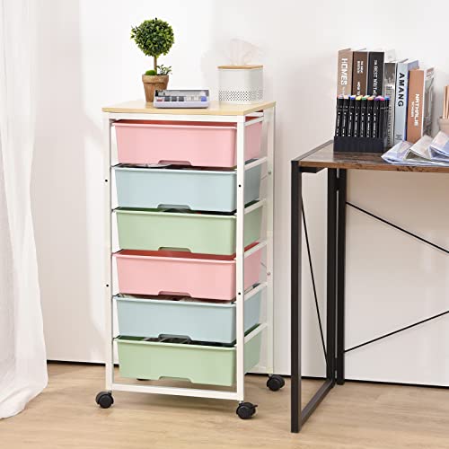 TOOLF Rolling Storage Cart with 6 Drawers, Wooden Tabletop, Easy Movement, Large Capacity, Durable Construction & Colorful Style in White Bar