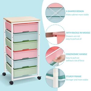 TOOLF Rolling Storage Cart with 6 Drawers, Wooden Tabletop, Easy Movement, Large Capacity, Durable Construction & Colorful Style in White Bar
